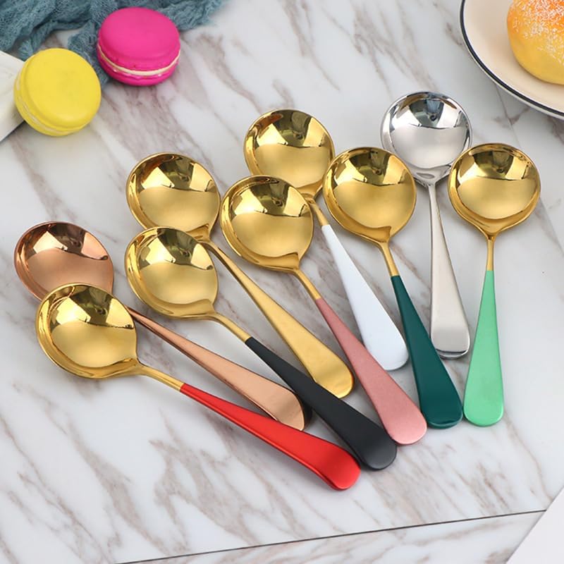 Silverware Set, 1/4/6/8 Pieces 304 Stainless Steel Creative Round Head Spoons For Restaurants And Home Dessert Spoons, Flatware Set (Color : Pink Gold, Size : 1Pc)