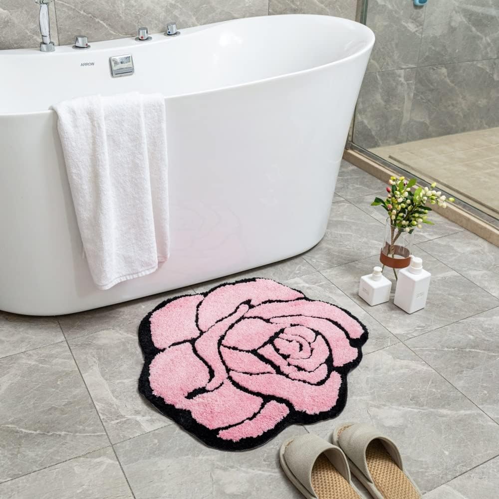 Pink Rose Bath Mat Non Slip Floral Plush Absorbent Rug 23.6x25.5in