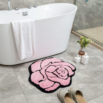 Pink Rose Bath Mat Non Slip Floral Plush Absorbent Rug 23.6x25.5in