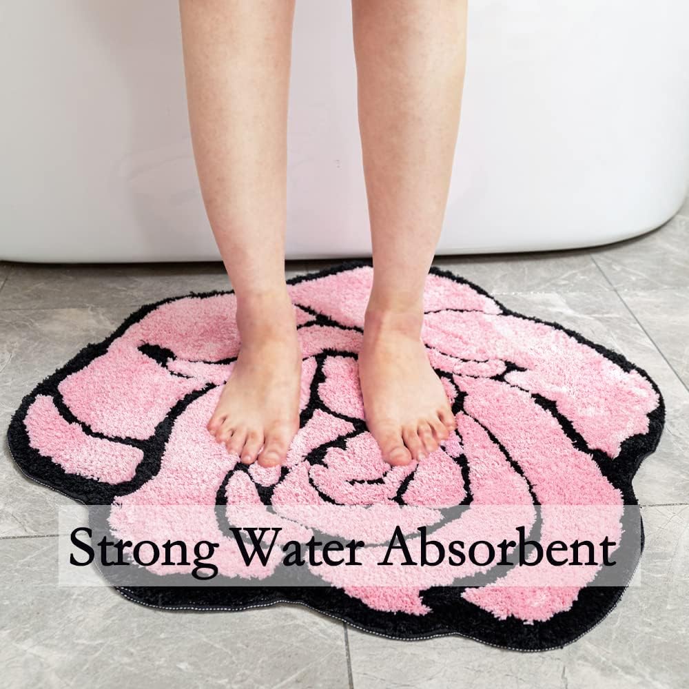 Pink Rose Bath Mat Non Slip Floral Plush Absorbent Rug 23.6x25.5in