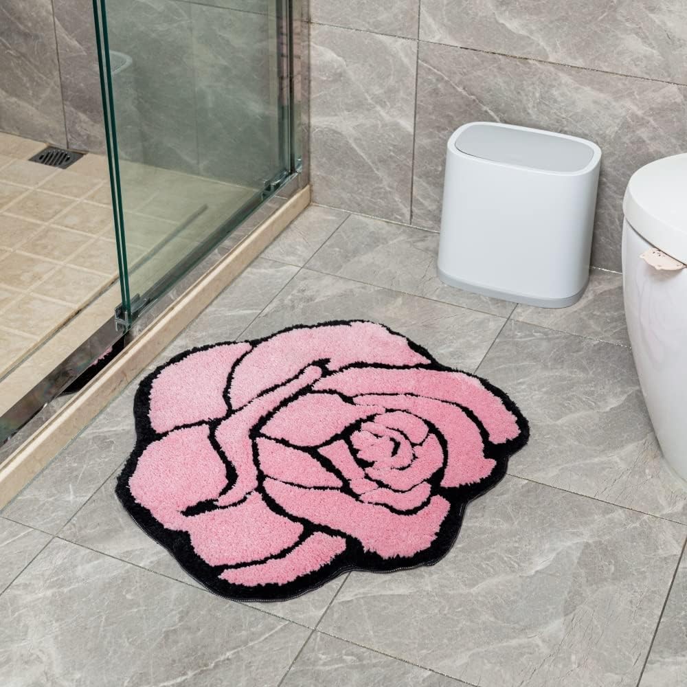 Pink Rose Bath Mat Non Slip Floral Plush Absorbent Rug 23.6x25.5in