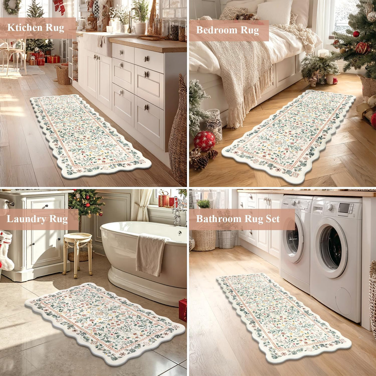Boho Anti Fatigue Kitchen Rug Set of 3 Scalloped Beige & Pink