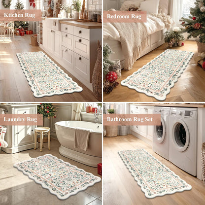 Boho Anti Fatigue Kitchen Rug Set of 3 Scalloped Beige & Pink