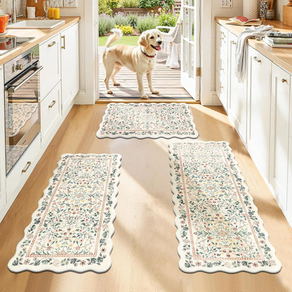Boho Anti Fatigue Kitchen Rug Set of 3 Scalloped Beige & Pink