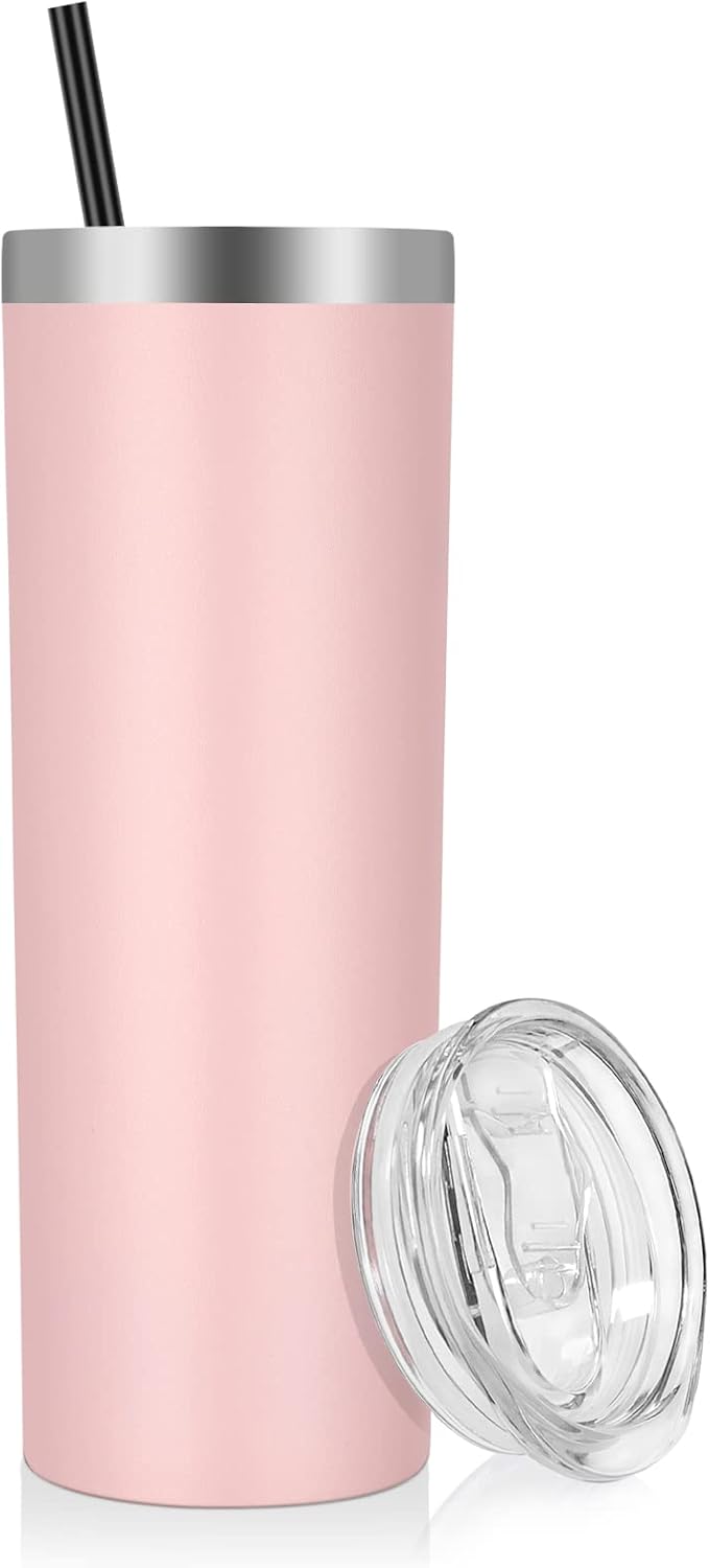 Stainless Steel Skinny Tumbler, 20 oz Vacuum Insulated Tumbler with Lid and Straw, Double Wall Coffee Cup, Travel Mug for Cold Hot Drinks, Light Pink 1 Pack
