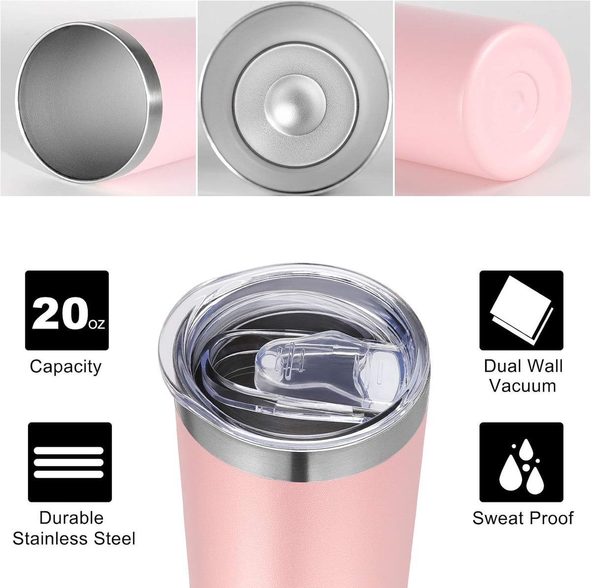 Stainless Steel Skinny Tumbler, 20 oz Vacuum Insulated Tumbler with Lid and Straw, Double Wall Coffee Cup, Travel Mug for Cold Hot Drinks, Light Pink 1 Pack