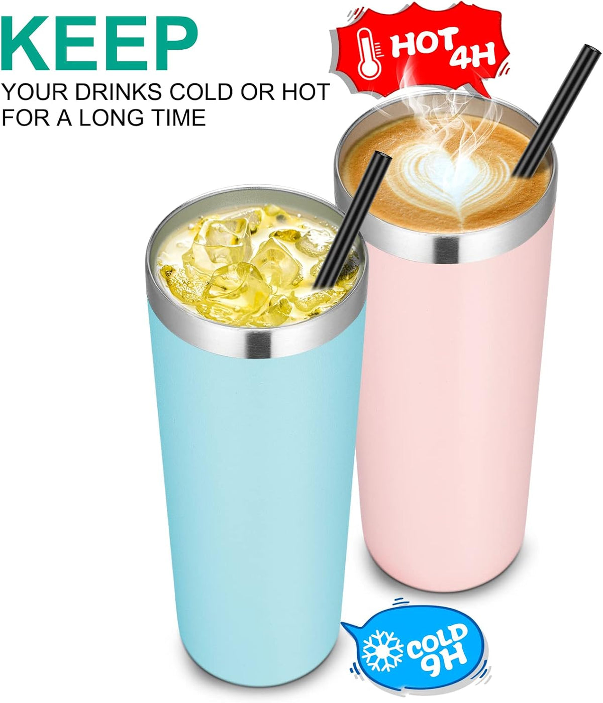 Stainless Steel Skinny Tumbler, 20 oz Vacuum Insulated Tumbler with Lid and Straw, Double Wall Coffee Cup, Travel Mug for Cold Hot Drinks, Light Pink 1 Pack