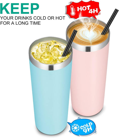 Stainless Steel Skinny Tumbler, 20 oz Vacuum Insulated Tumbler with Lid and Straw, Double Wall Coffee Cup, Travel Mug for Cold Hot Drinks, Light Pink 1 Pack