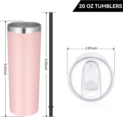 Stainless Steel Skinny Tumbler, 20 oz Vacuum Insulated Tumbler with Lid and Straw, Double Wall Coffee Cup, Travel Mug for Cold Hot Drinks, Light Pink 1 Pack