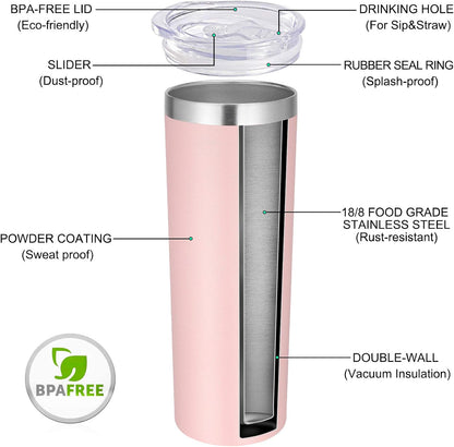 Stainless Steel Skinny Tumbler, 20 oz Vacuum Insulated Tumbler with Lid and Straw, Double Wall Coffee Cup, Travel Mug for Cold Hot Drinks, Light Pink 1 Pack