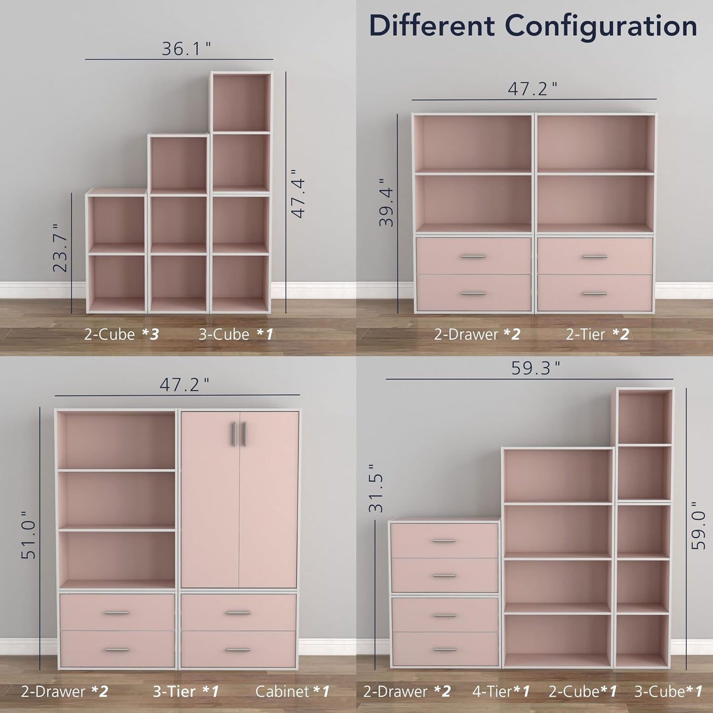 Apexa 2-Tier Cube Storage Organizer Shelves, Stackable Wood Bookcase Fits Cubby Bins for Organization, Dorm Teen Room Decor & Home Office, Light Pink