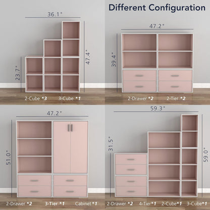 Apexa 2-Tier Cube Storage Organizer Shelves, Stackable Wood Bookcase Fits Cubby Bins for Organization, Dorm Teen Room Decor & Home Office, Light Pink
