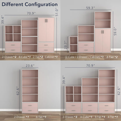 Apexa 2-Tier Cube Storage Organizer Shelves, Stackable Wood Bookcase Fits Cubby Bins for Organization, Dorm Teen Room Decor & Home Office, Light Pink