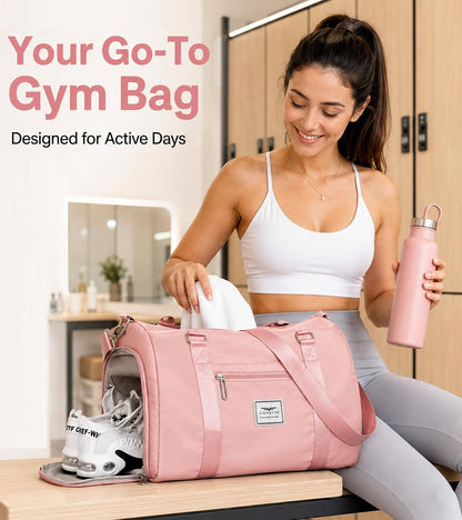Womens Gym Tote Duffle Bag with Wet Pocket & Shoe Compartment, Sports Duffel Overnight Weekender Hospital Workout Carry on Bag for Girls, Ideal for Travel, Swimming, Dance, Ballet Pink