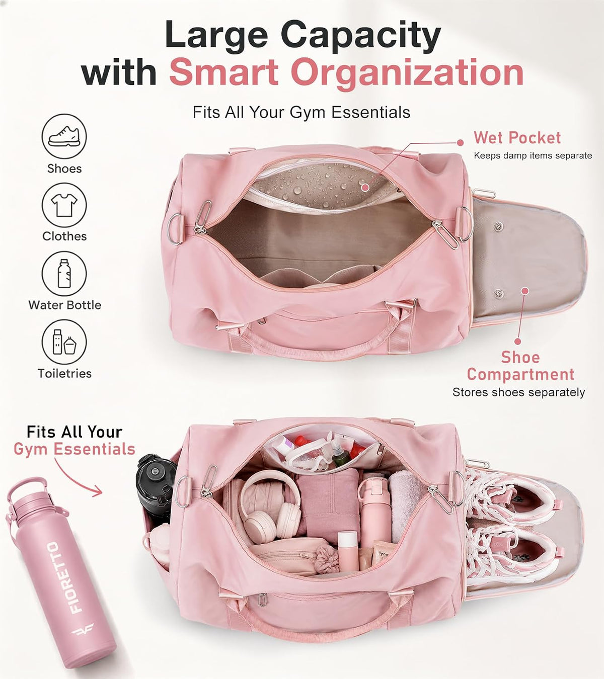 Womens Gym Tote Duffle Bag with Wet Pocket & Shoe Compartment, Sports Duffel Overnight Weekender Hospital Workout Carry on Bag for Girls, Ideal for Travel, Swimming, Dance, Ballet Pink