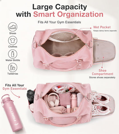 Womens Gym Tote Duffle Bag with Wet Pocket & Shoe Compartment, Sports Duffel Overnight Weekender Hospital Workout Carry on Bag for Girls, Ideal for Travel, Swimming, Dance, Ballet Pink