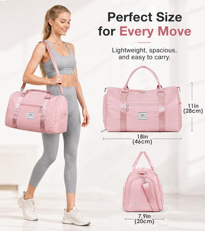 Womens Gym Tote Duffle Bag with Wet Pocket & Shoe Compartment, Sports Duffel Overnight Weekender Hospital Workout Carry on Bag for Girls, Ideal for Travel, Swimming, Dance, Ballet Pink