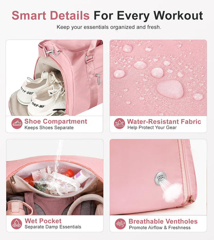 Womens Gym Tote Duffle Bag with Wet Pocket & Shoe Compartment, Sports Duffel Overnight Weekender Hospital Workout Carry on Bag for Girls, Ideal for Travel, Swimming, Dance, Ballet Pink