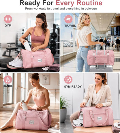 Womens Gym Tote Duffle Bag with Wet Pocket & Shoe Compartment, Sports Duffel Overnight Weekender Hospital Workout Carry on Bag for Girls, Ideal for Travel, Swimming, Dance, Ballet Pink