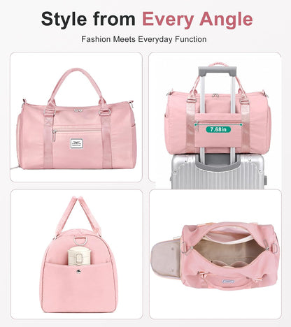 Womens Gym Tote Duffle Bag with Wet Pocket & Shoe Compartment, Sports Duffel Overnight Weekender Hospital Workout Carry on Bag for Girls, Ideal for Travel, Swimming, Dance, Ballet Pink