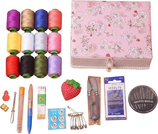 Vintage Hobby Sewing Kit with Floral Storage Box, 12 Thread Spools, Needles, Scissors, Pin Cushion, Pink (Pink)