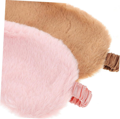 2pcs Plush Furry Eye Mask for Sleeping Soft Faux Fur Light Blocking Eye Covers for Travel Nap and Sleepover Cute Cartoon Design Pink Brown