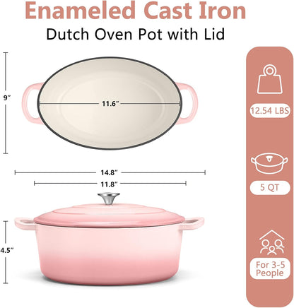 Oval Dutch Oven, 5qt Enameled Cast Iron Dutch Oven Pot with Lid