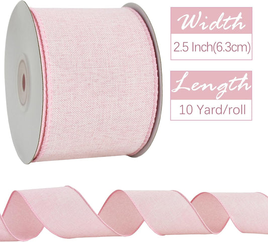 Natural Burlap Wired Ribbon, 2.5 Inch 10 Yards Light Pink Fabric Ribbon for Spring Easter, Wreath Bows, Crafts, Gift Wrapping, Wedding, Christmas Easter Decoration