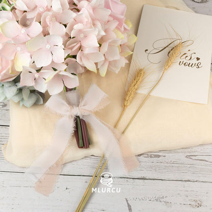 Handmade Fringe Chiffon Silk Ribbon 1 Inch x 3Yd Peach/Blush/Pink Soft Colorful Frayed Chiffon Ribbon for Wedding Invitation Flower Bouquets Gift Wrapping Bridal Shower