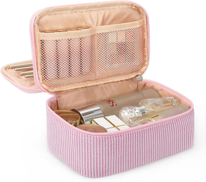 Pink Makeup Bag, Dual-Layer Cute Travel Cosmetic Bag, Pink Strip
