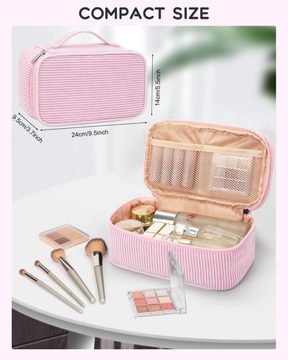 Pink Makeup Bag, Dual-Layer Cute Travel Cosmetic Bag, Pink Strip