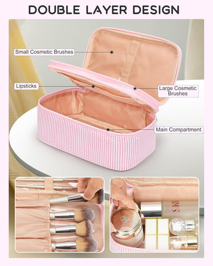 Pink Makeup Bag, Dual-Layer Cute Travel Cosmetic Bag, Pink Strip