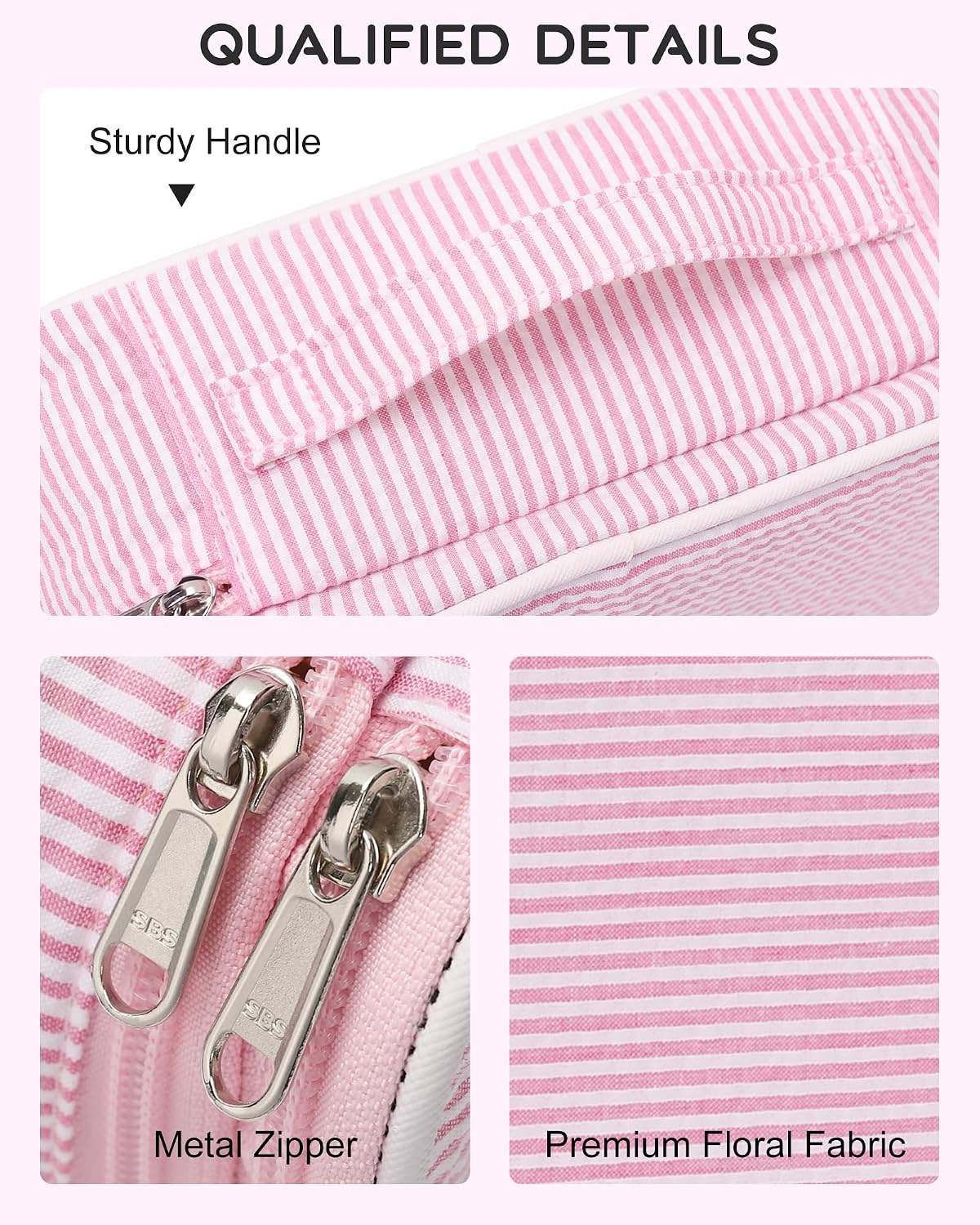 Pink Makeup Bag, Dual-Layer Cute Travel Cosmetic Bag, Pink Strip