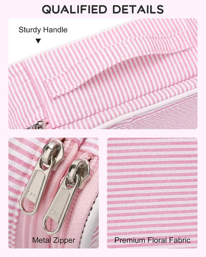 Pink Makeup Bag, Dual-Layer Cute Travel Cosmetic Bag, Pink Strip