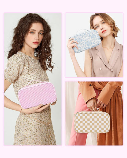 Pink Makeup Bag, Dual-Layer Cute Travel Cosmetic Bag, Pink Strip