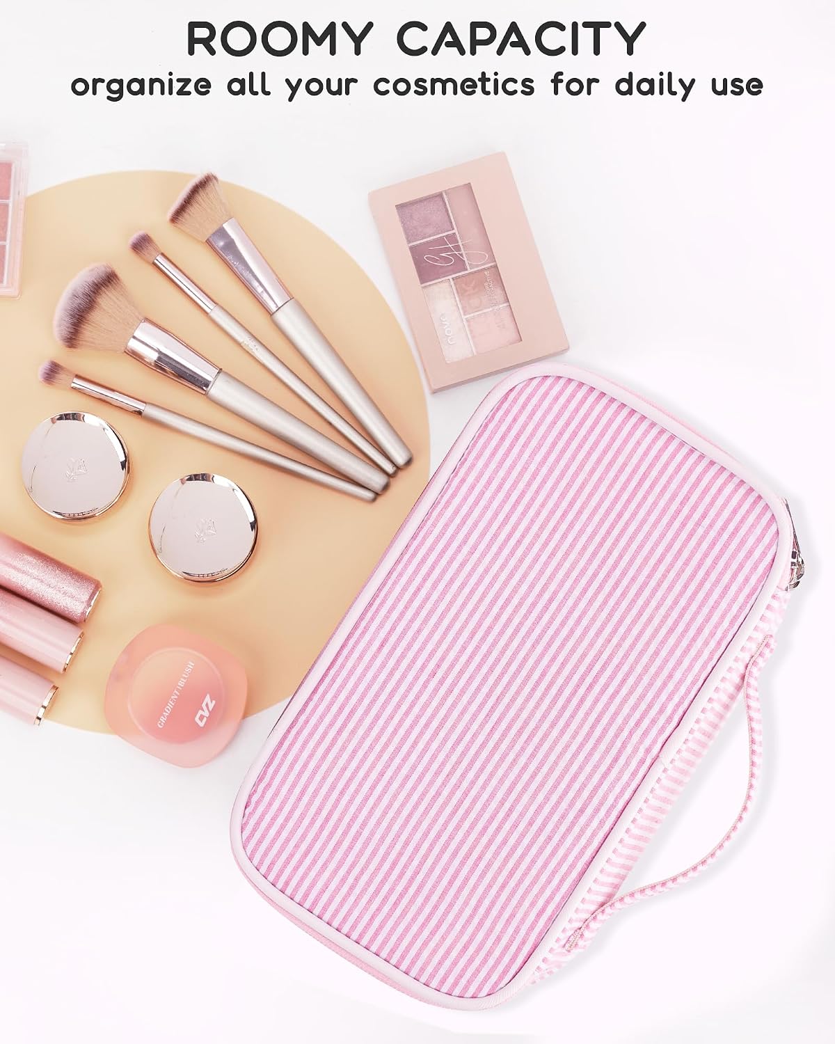Pink Makeup Bag, Dual-Layer Cute Travel Cosmetic Bag, Pink Strip