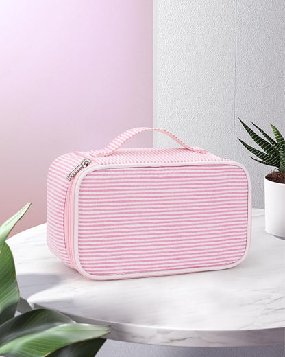 Pink Makeup Bag, Dual-Layer Cute Travel Cosmetic Bag, Pink Strip