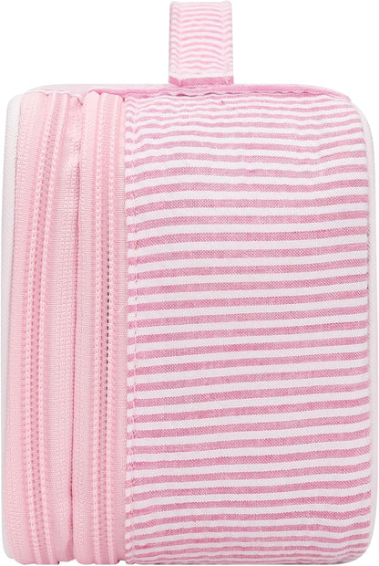 Pink Makeup Bag, Dual-Layer Cute Travel Cosmetic Bag, Pink Strip