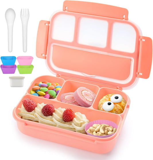 Bento Box Adult Lunch Box, Lunch Containers for Adults Men Women, Kids Lunch Boxes for School with 4 Compartments, Sauce Container, Utensils and Muffin Cups, Pink