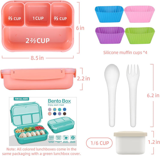 Bento Box Adult Lunch Box, Lunch Containers for Adults Men Women, Kids Lunch Boxes for School with 4 Compartments, Sauce Container, Utensils and Muffin Cups, Pink