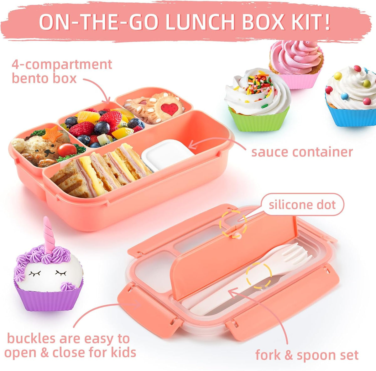 Bento Box Adult Lunch Box, Lunch Containers for Adults Men Women, Kids Lunch Boxes for School with 4 Compartments, Sauce Container, Utensils and Muffin Cups, Pink