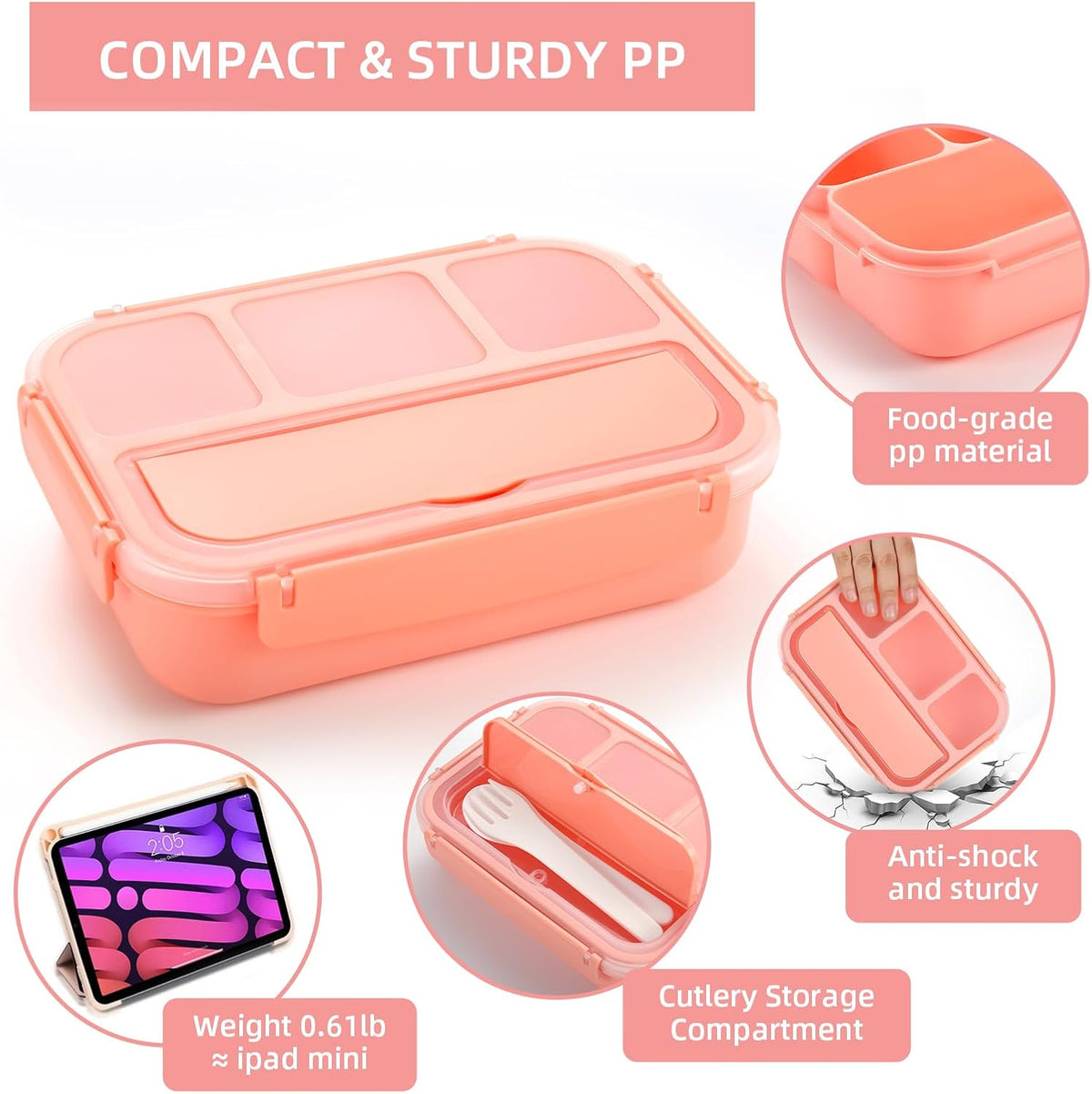 Bento Box Adult Lunch Box, Lunch Containers for Adults Men Women, Kids Lunch Boxes for School with 4 Compartments, Sauce Container, Utensils and Muffin Cups, Pink