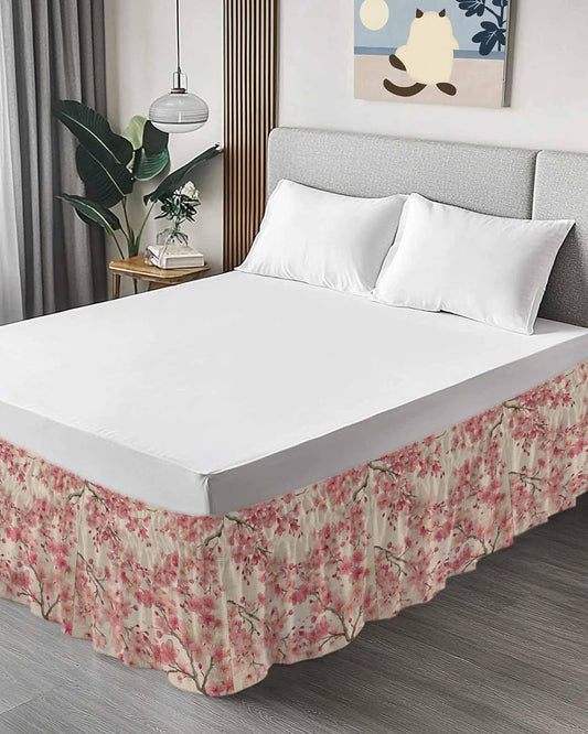 Peaches Branches Bed Skirt Queen Size 16 Inch Drop, Adjustable & Elastic Wrap Around Bed Skirts Pleated Dust Ruffles for Twin Full Queen Cal King Base Bed, Farmhouse Spring Botanical Pink Flowers