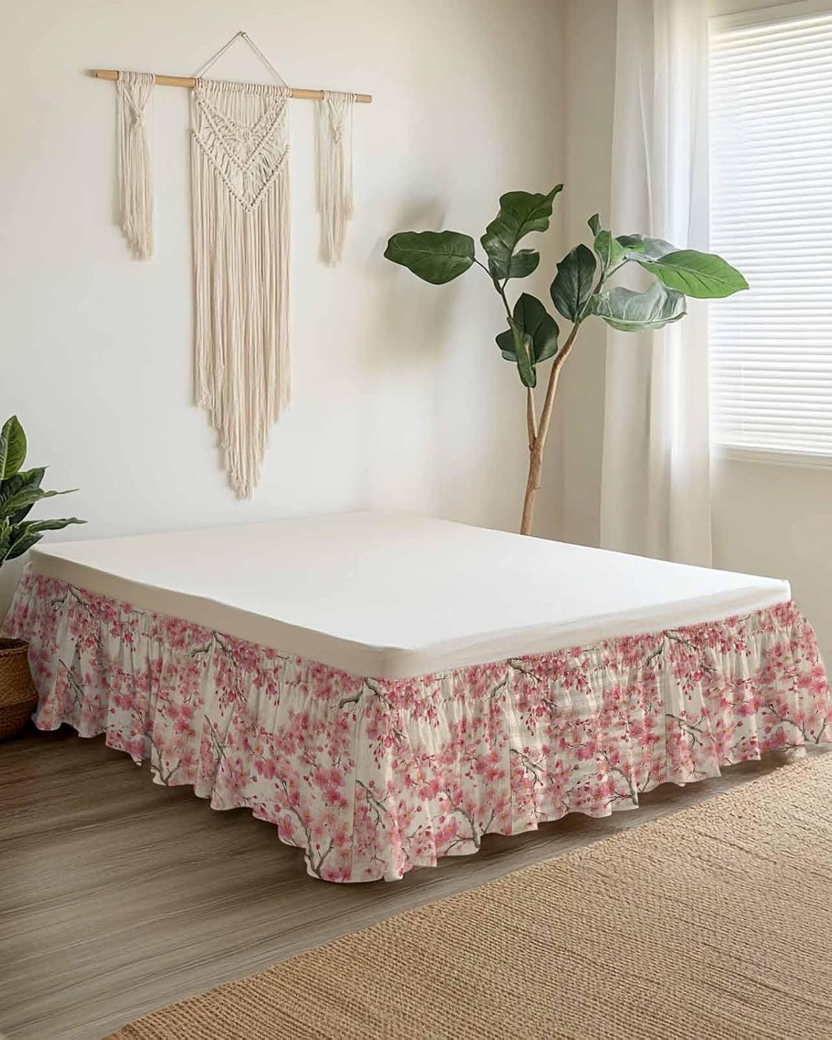 Peaches Branches Bed Skirt Queen Size 16 Inch Drop, Adjustable & Elastic Wrap Around Bed Skirts Pleated Dust Ruffles for Twin Full Queen Cal King Base Bed, Farmhouse Spring Botanical Pink Flowers