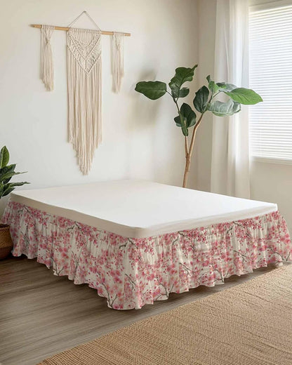 Peaches Branches Bed Skirt Queen Size 16 Inch Drop, Adjustable & Elastic Wrap Around Bed Skirts Pleated Dust Ruffles for Twin Full Queen Cal King Base Bed, Farmhouse Spring Botanical Pink Flowers