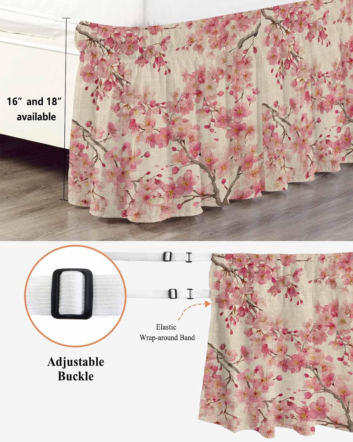 Peaches Branches Bed Skirt Queen Size 16 Inch Drop, Adjustable & Elastic Wrap Around Bed Skirts Pleated Dust Ruffles for Twin Full Queen Cal King Base Bed, Farmhouse Spring Botanical Pink Flowers