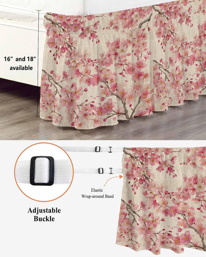 Peaches Branches Bed Skirt Queen Size 16 Inch Drop, Adjustable & Elastic Wrap Around Bed Skirts Pleated Dust Ruffles for Twin Full Queen Cal King Base Bed, Farmhouse Spring Botanical Pink Flowers