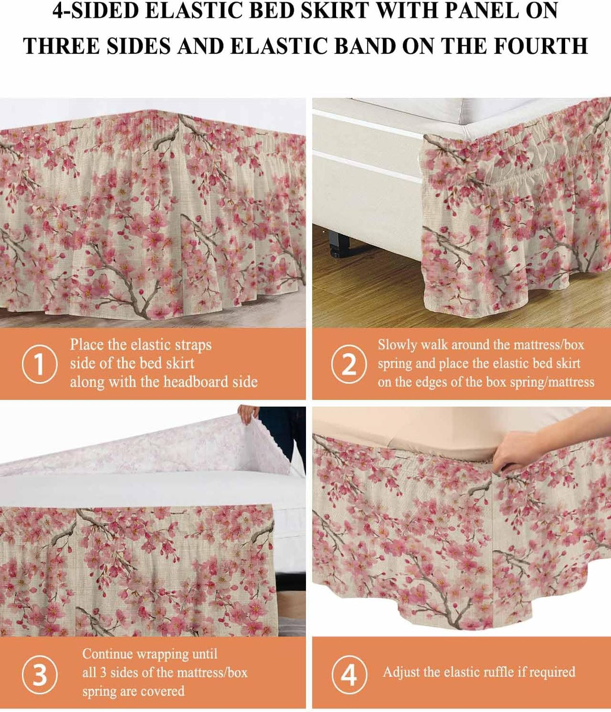 Peaches Branches Bed Skirt Queen Size 16 Inch Drop, Adjustable & Elastic Wrap Around Bed Skirts Pleated Dust Ruffles for Twin Full Queen Cal King Base Bed, Farmhouse Spring Botanical Pink Flowers