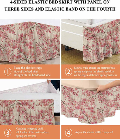 Peaches Branches Bed Skirt Queen Size 16 Inch Drop, Adjustable & Elastic Wrap Around Bed Skirts Pleated Dust Ruffles for Twin Full Queen Cal King Base Bed, Farmhouse Spring Botanical Pink Flowers