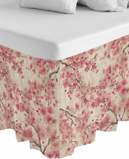 Peaches Branches Bed Skirt Queen Size 16 Inch Drop, Adjustable & Elastic Wrap Around Bed Skirts Pleated Dust Ruffles for Twin Full Queen Cal King Base Bed, Farmhouse Spring Botanical Pink Flowers